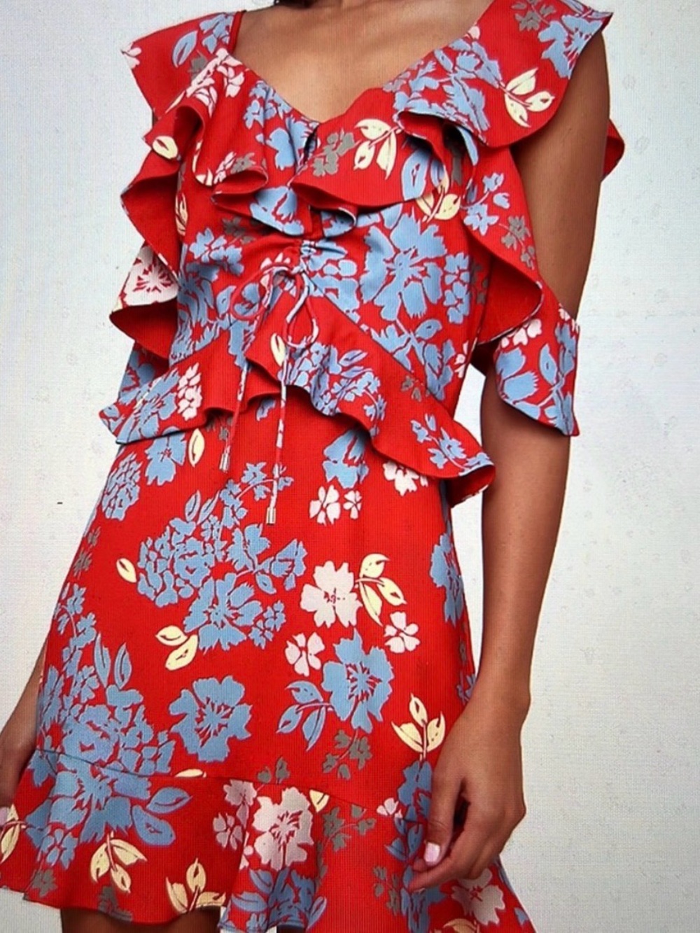 C/MEO Collective Red Floral Ruffle Mini Dress with Blue & Cream Accents